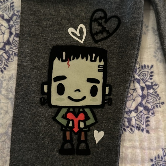Cutest Halloween leggings ever! Grey w/fuzzy frankenstein & bride - Picture 3 of 6